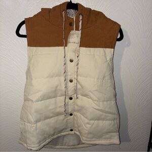 Hem & Thread Hay Ride Corduroy Brown and Cream Hooded Vest Size M NWT